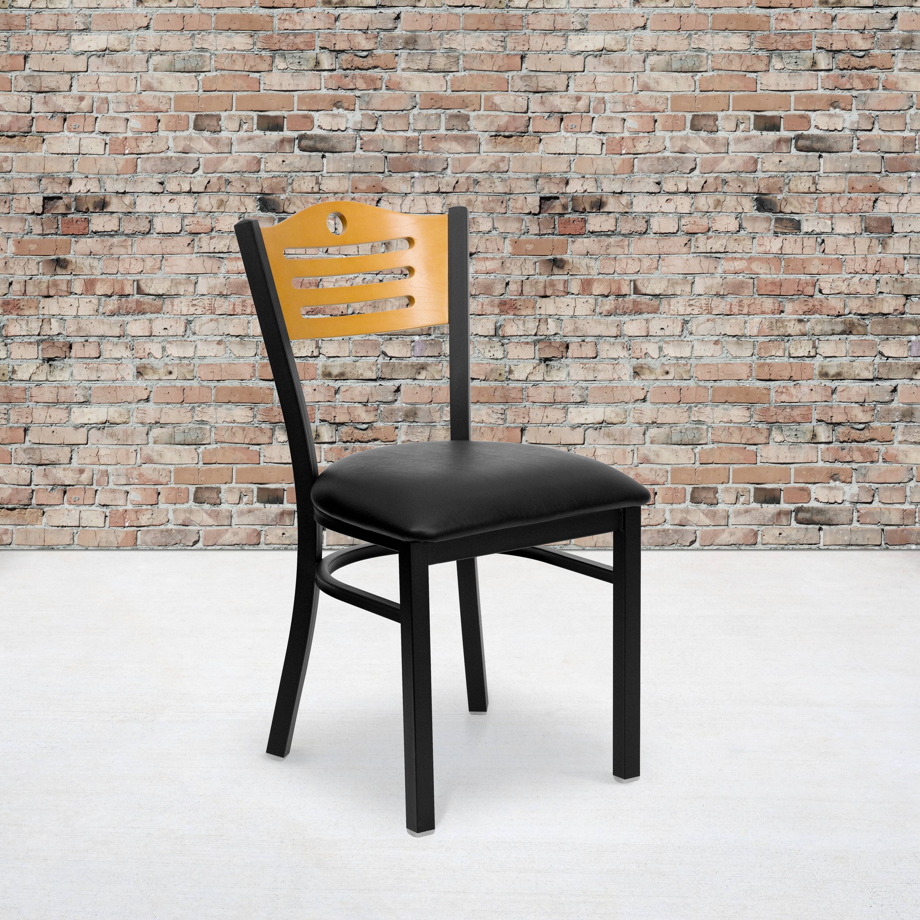 Alt View 2. Emma + Oliver - 2 Pack Slat Back Metal Restaurant Chair - Natural Wood Back/Black Vinyl Seat/Black Metal.