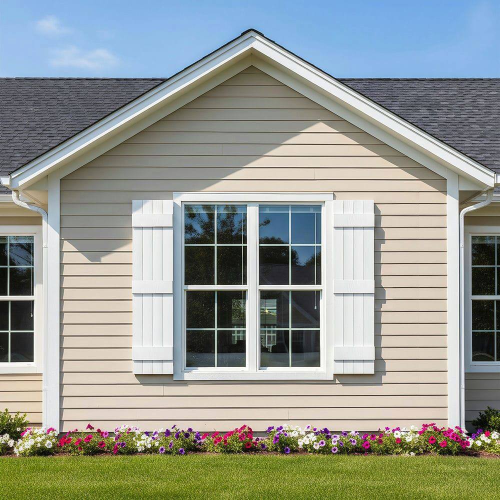 Alt View 4. Kadyn - Classic Board & Batten Faux Shutters with 3 Horizontal Bars for Timeless and Durable Exterior Elegance, 14"x63", White - White.