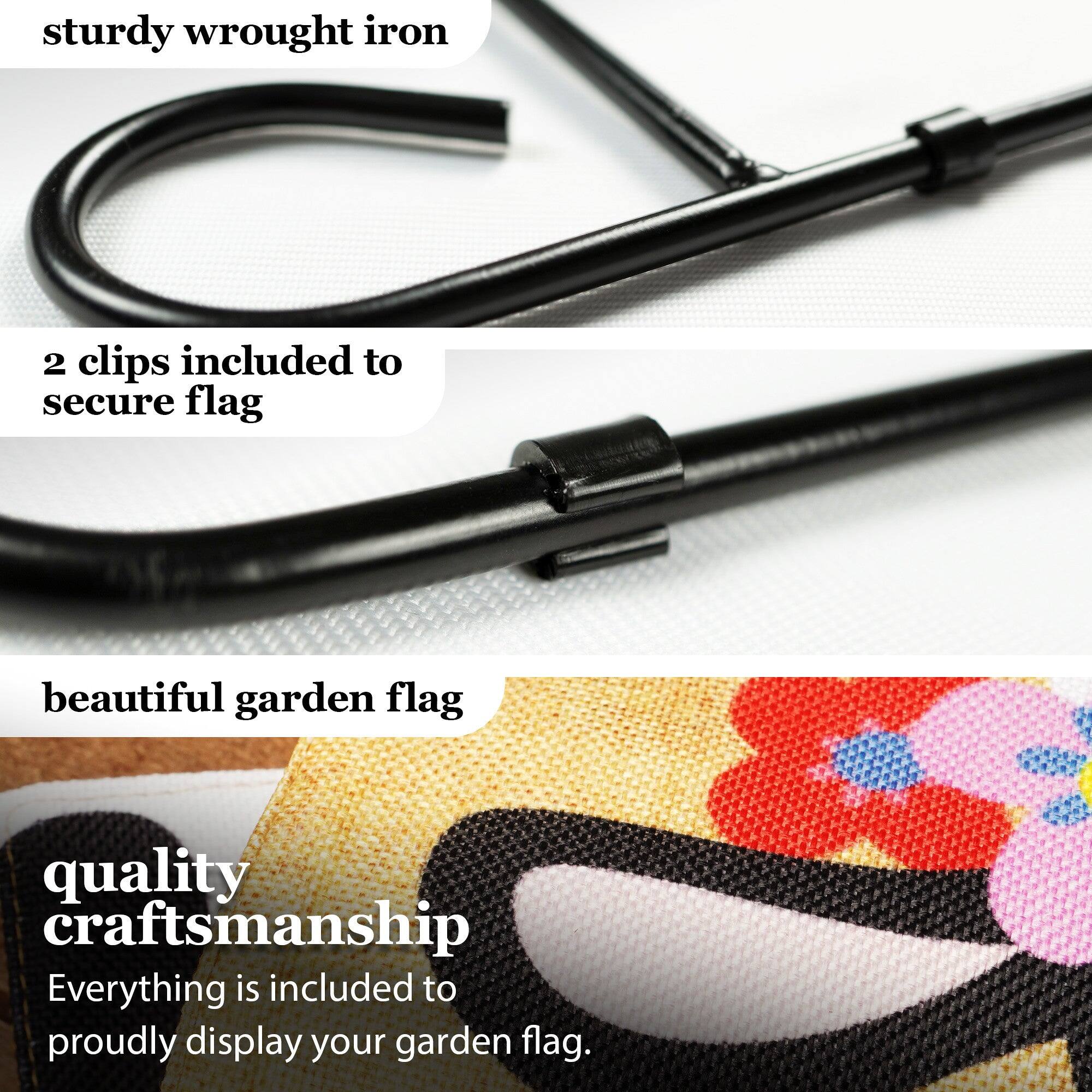 - sturdy wrought iron
- 2 clips included to secure flag
- beautiful garden flag
- quality craftsmanship
- Everything is included to proudly display your garden flag.