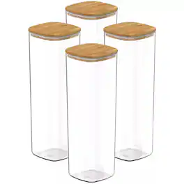 OU - Airtight Food Storage Container Set w Bamboo Lid 8pc (set of 4) Leak Proof Plastic Storage Jars - Clear