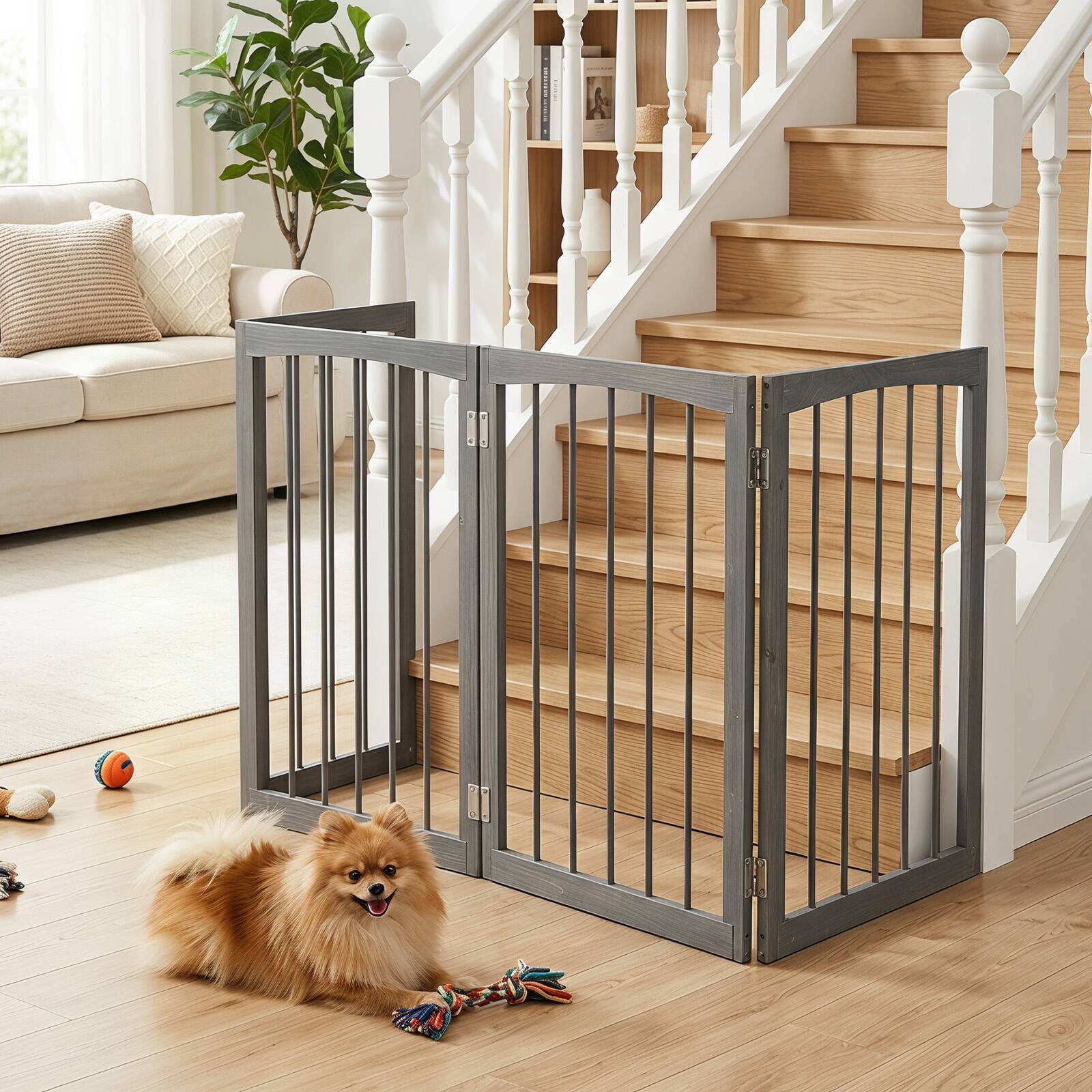 Alt View 1. Gymax - Gymax 83'' L x 30'' H Dog Gate 4-Panel Wooden Pet Fence for Indoor Stairs Doorway Gray - Gray.