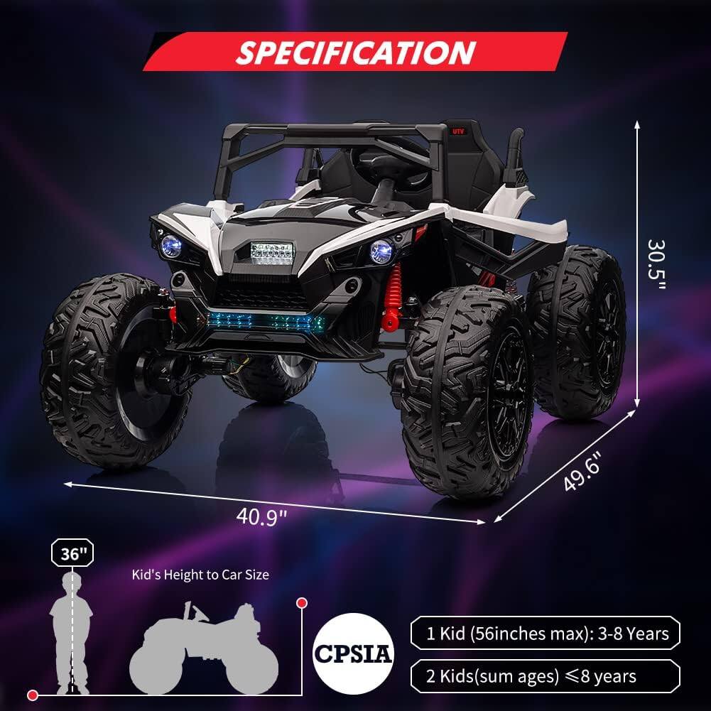 **SPECIFICATION**

- **Height:** 30.5"
- **Width:** 40.9"
- **Length:** 49.6"
- **Kid's Height to Car Size:** 36"

**CPSIA**

- 1 Kid (56 inches max): 3-8 Years
- 2 Kids (sum ages) ≤ 8 years