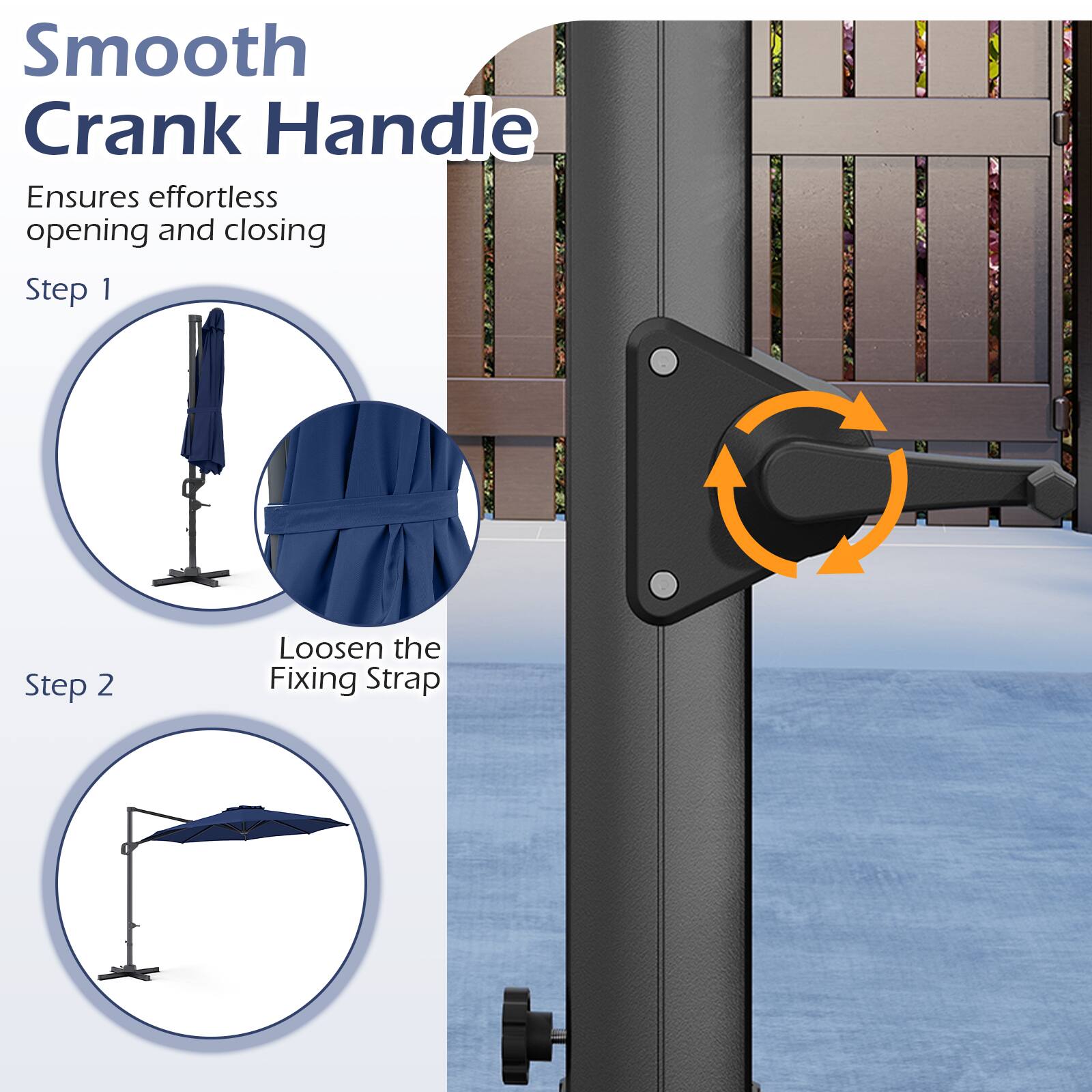 Smooth Crank Handle  
Ensures effortless opening and closing  

Step 1  
Loosen the Fixing Strap  

Step 2