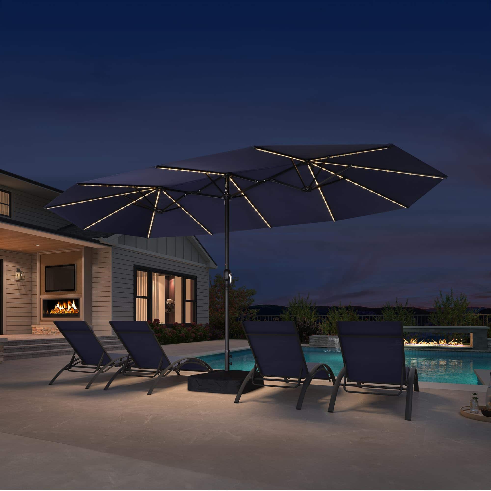 Front. PURPLE LEAF - 15 ft. Patio Market Umbrella with Solar LED and Base Double-Sided Outdoor Table Sun Umbrellas for Pool Deck Backyard - Navy Blue.