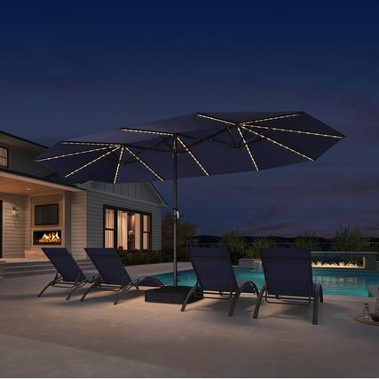 Front. PURPLE LEAF - 15 ft. Patio Market Umbrella with Solar LED and Base Double-Sided Outdoor Table Sun Umbrellas for Pool Deck Backyard - Navy Blue.
