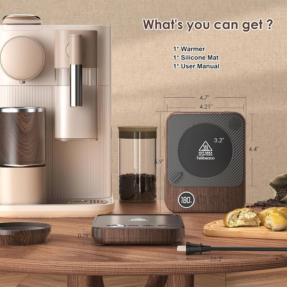 What's you can get?

1* Warmer  
1* Silicone Mat  
1* User Manual  

4.7"  
4.21"  
3.2"  
4.4"  
5.9"  
0.79"  
55.2"  

HOT AREA  
180°