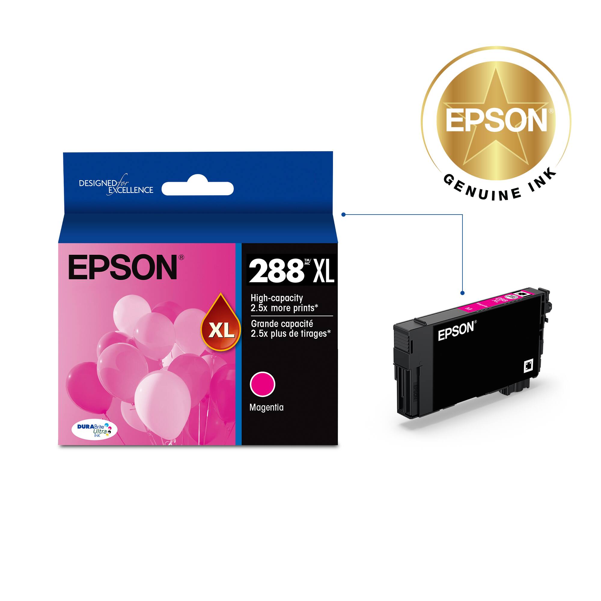 EPSON DESIGNED 2T EXCELLENCE GENUINE INK - d EPSON 288 XL High-capacity 2.5x more prints* Grande capacit XL 2.5x plus de tirages* 0 C EPSON . Magentia DUEAi Ultra .