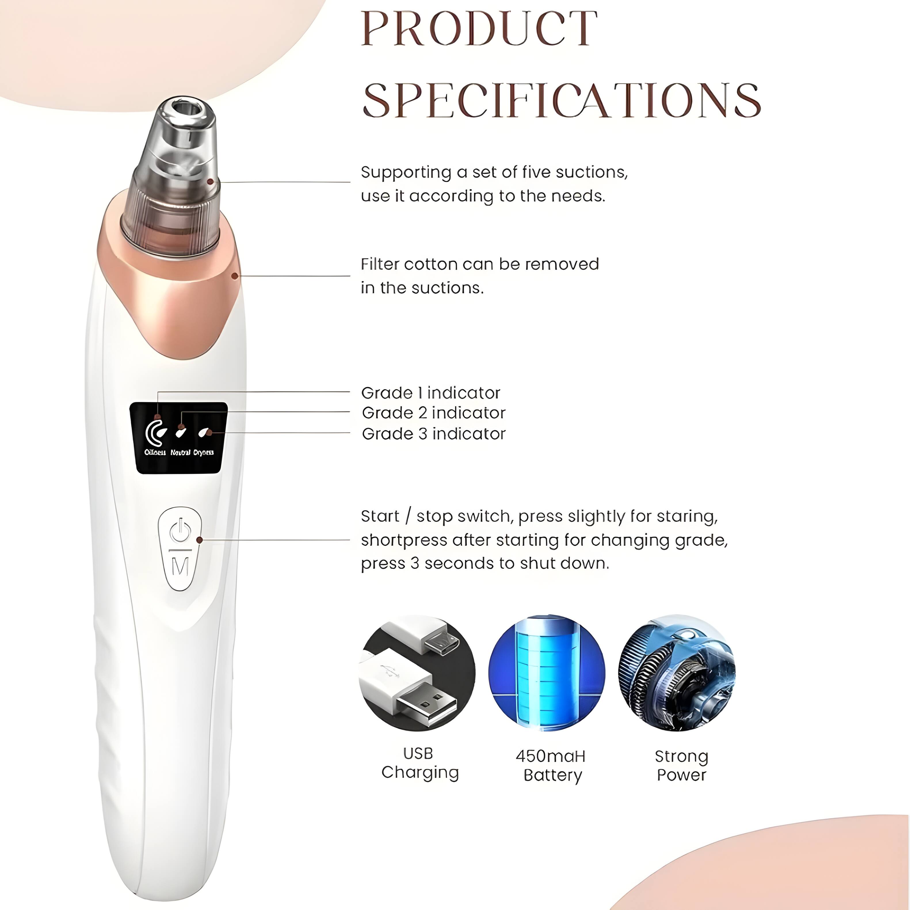 PRODUCT SPECIFICATIONS

- Supporting a set of five suctions, use it according to the needs.
- Filter cotton can be removed in the suctions.
- Grade 1 indicator
- Grade 2 indicator
- Grade 3 indicator
- Start / stop switch, press slightly for starting, shortpress after starting for changing grade, press 3 seconds to shut down.
- USB Charging
- 450mAh Battery
- Strong Power