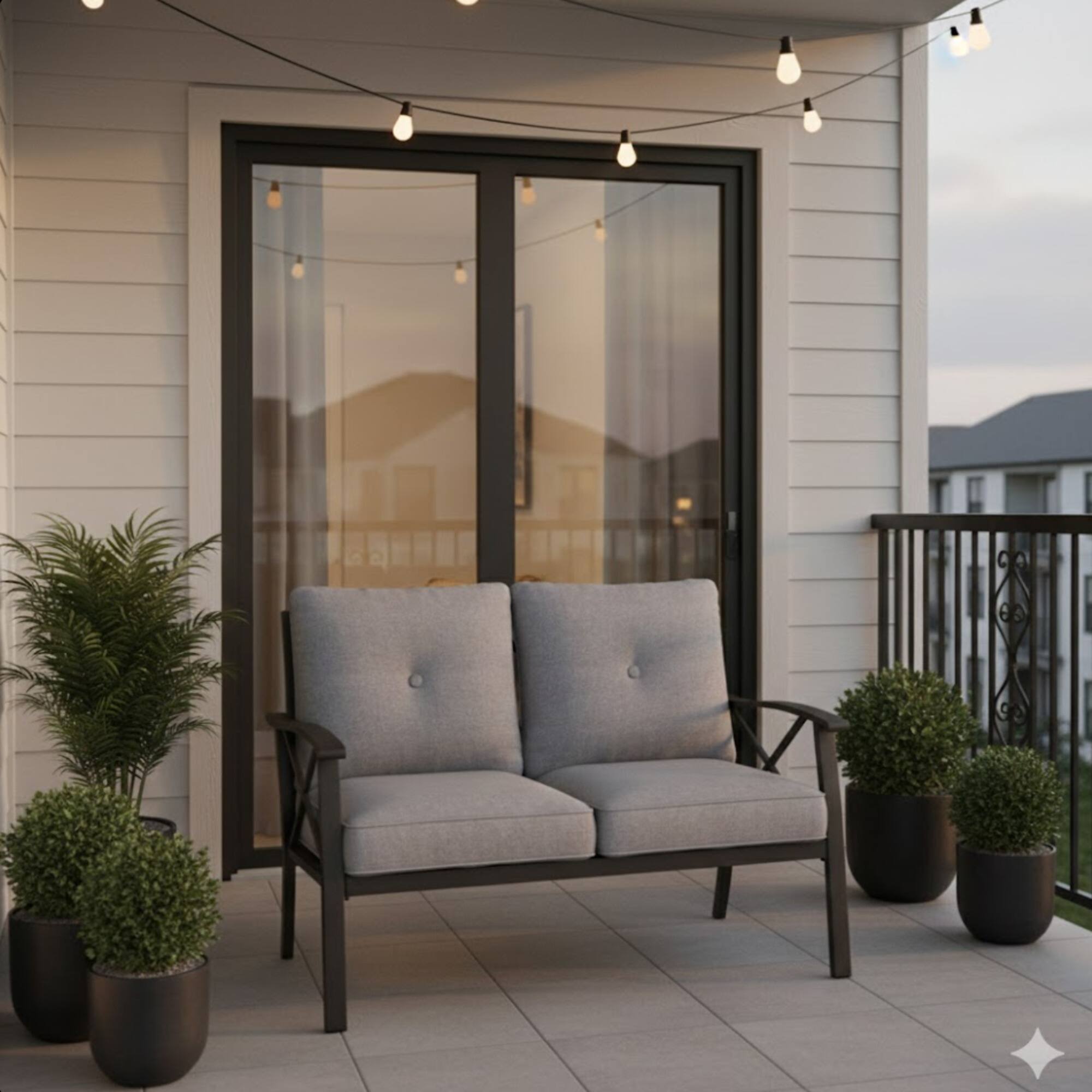 Angle. Mondawe - 48" All-Weather Metal Loveseat with Cushions and black Frame - Black+Grey.