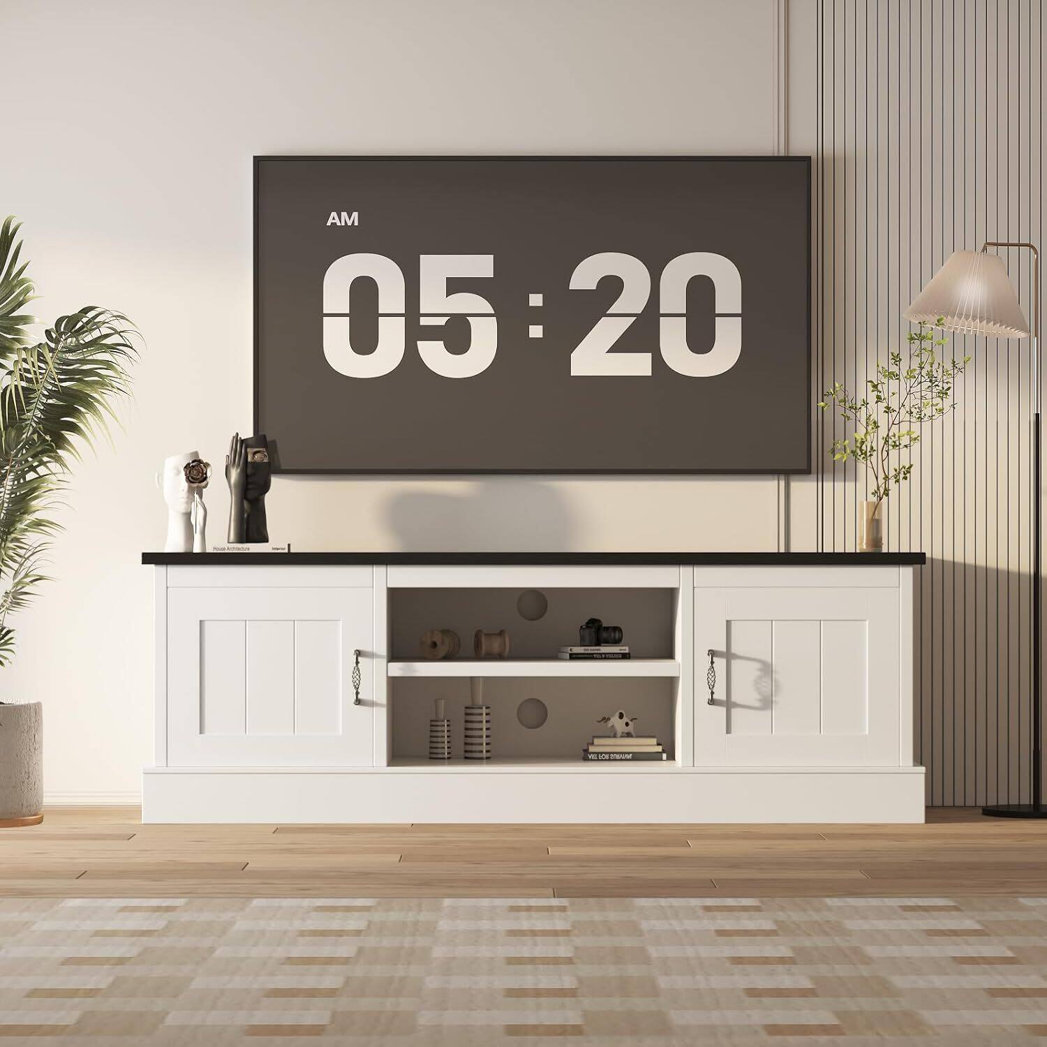 Acekool - Farmhouse TV Stand for 65 Inch TVs Entertainment Center with Storage Cabinets, Media Console Table - White+Black