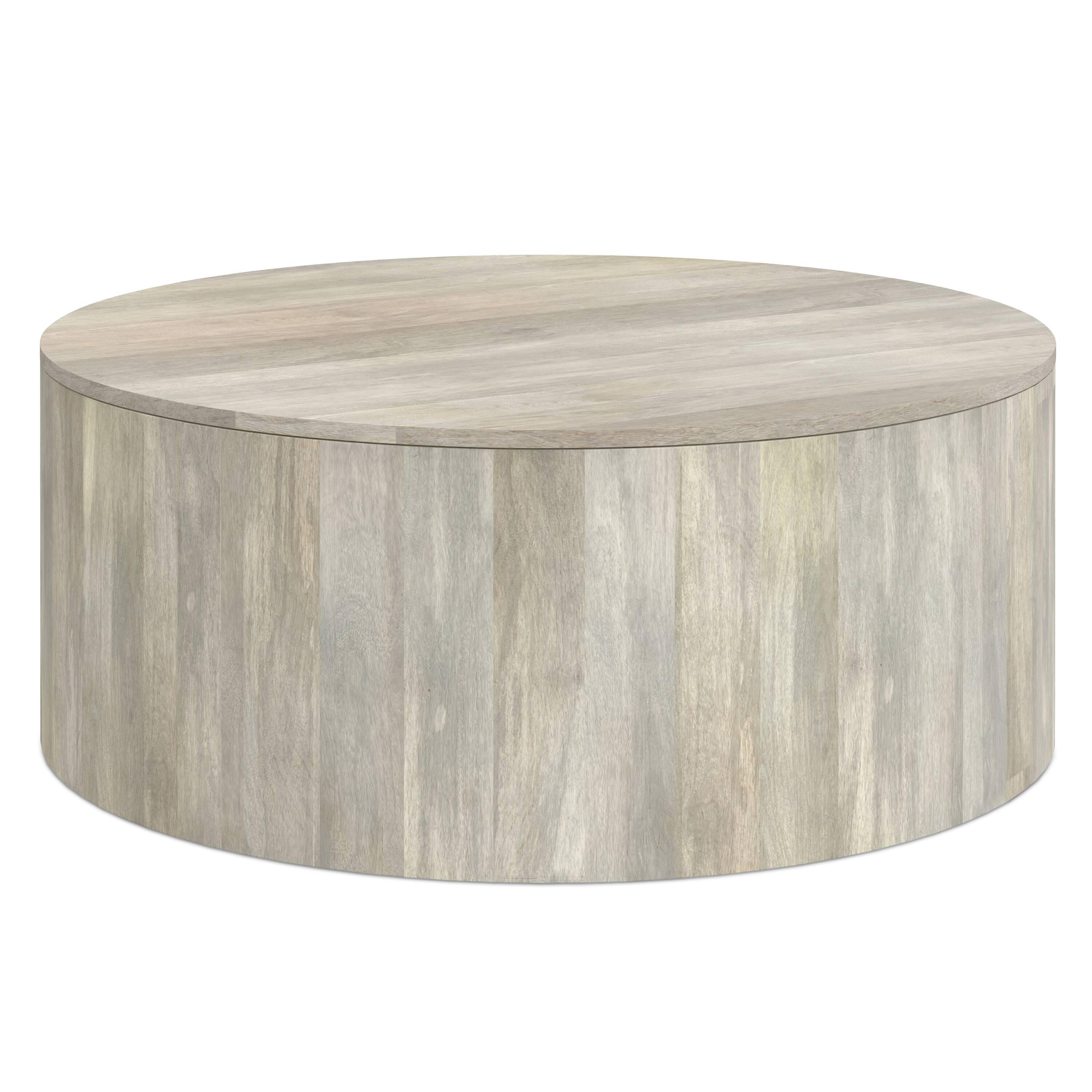 Alt View 4. Simpli Home - Millbury SOLID MANGO WOOD 36 inch Wide Round Contemporary Drum Coffee Table in White Wash, Fully Assembled - White Wash.