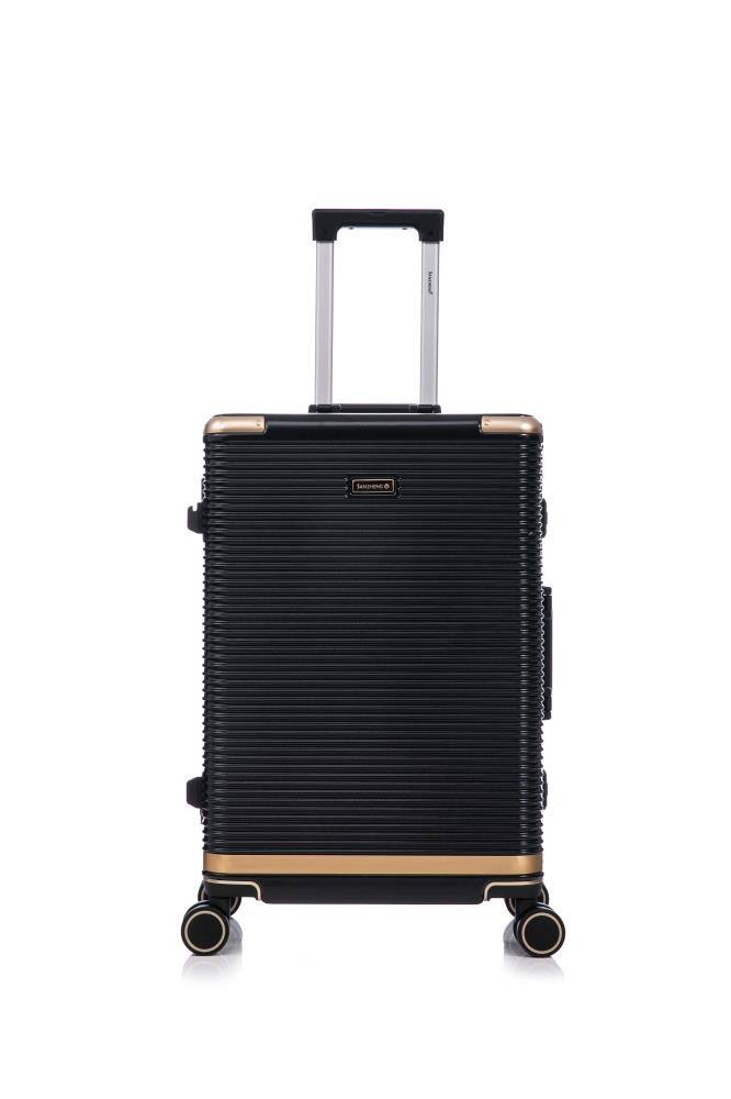 Left. BreeBe - PC+Aluminum Luggage Set 20/24/28 Inch, Three-Piece Travel Suitcases with Stylish Aluminum Frame and Password Lock - Black.