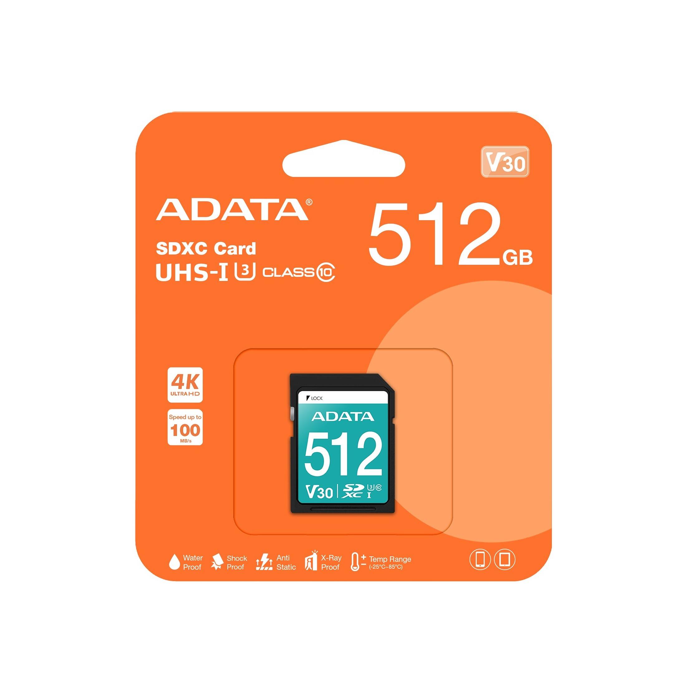 ADATA SDXC Card 512GB UHS-I 3 CLASS 10 4K V30 Speed 100 MB/s Water Proof Shock Proof Anti Static X-Ray Proof Temp Range -20°C to 85°C