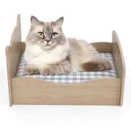 Gymax - Elevated Pet Bed Frame Indoor Large Cat Bed w/ Rails Cute Headboards Animals Bed - Natural