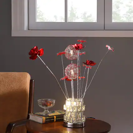 Front. MOOSOO - Aluminum 4 Red Roses 6 Petal Floral Flower Table Lamp for Living Room, Nightstand Bedside Desk Lamp for Bedroom - Multicolor.