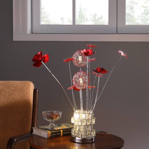 Front. MOOSOO - Aluminum 4 Red Roses 6 Petal Floral Flower Table Lamp for Living Room, Nightstand Bedside Desk Lamp for Bedroom - Multicolor.
