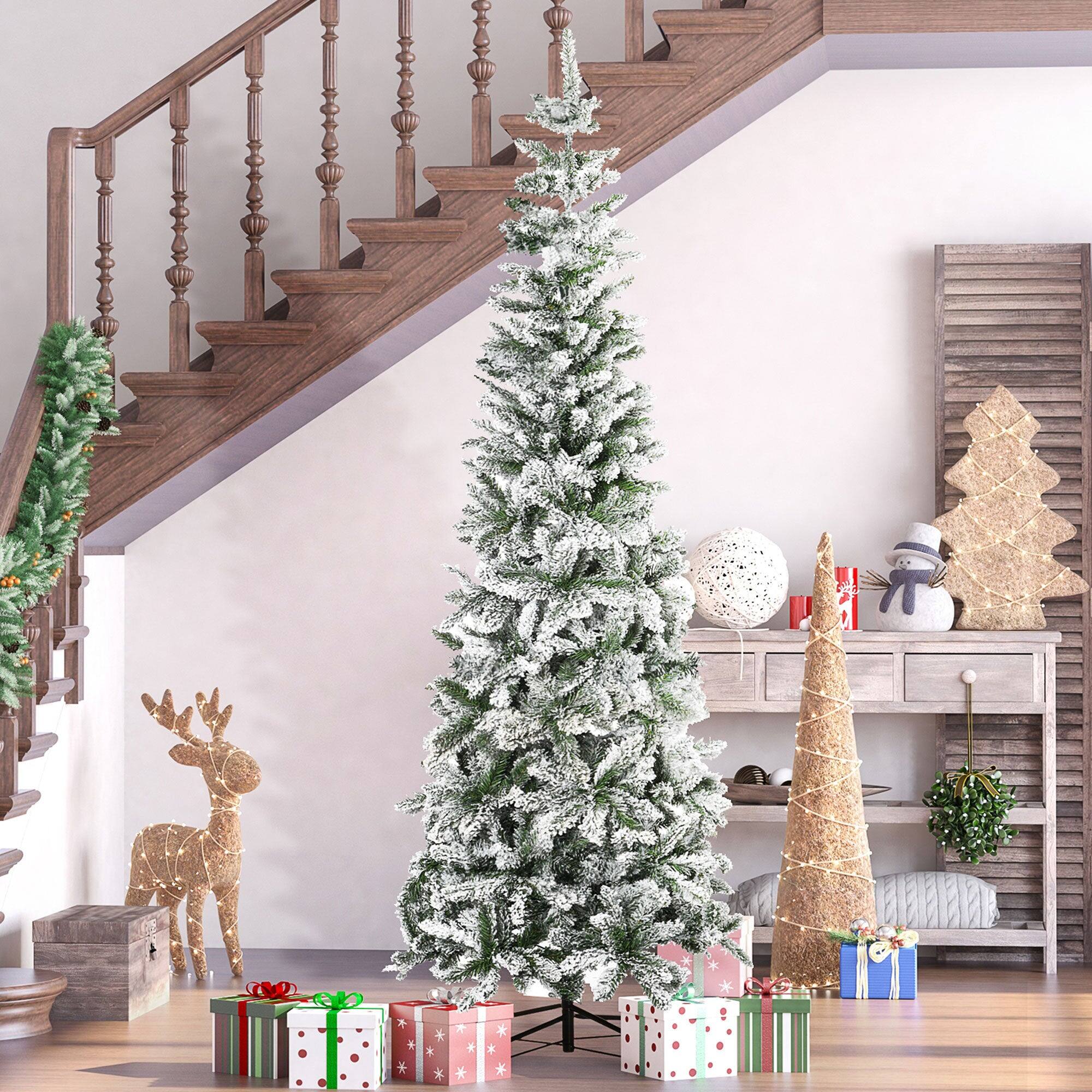 Angle. BreeBe - 7.5ft Unlit Snow-Flocked Slim Pine Artificial Christmas Tree with Realistic Branches and 668 Tips - Green.