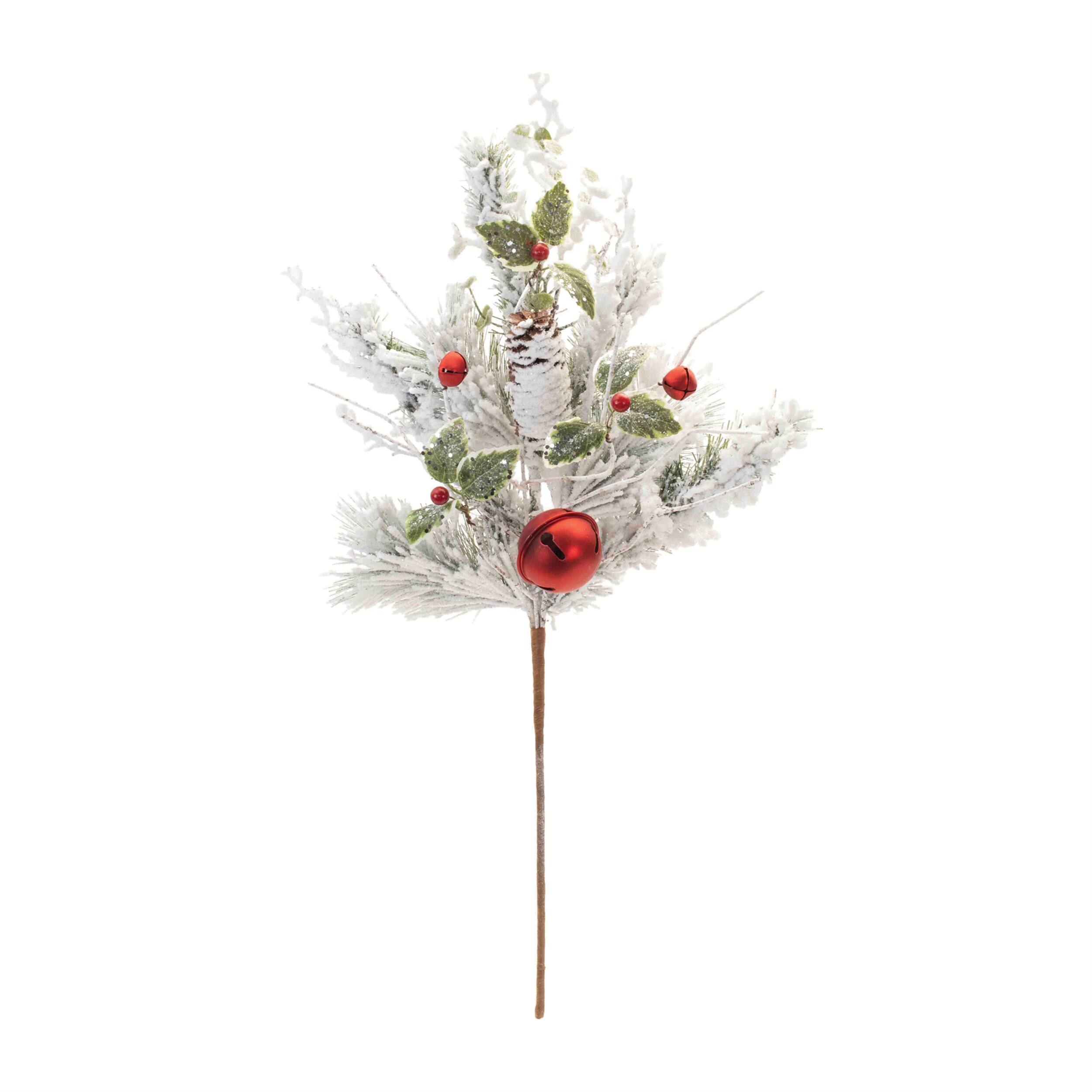 Angle. BreeBe - Flocked Oranment Pine Spray (Set of 2) - White, Green, Red.