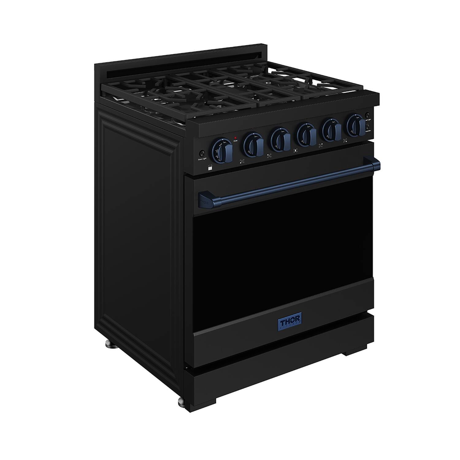 Angle. Thor Kitchen - Gordon Ramsay Series by Thor Kitchen 4.55 Cu. Ft Freestanding Liquid Propane Gas Range with Navy Blue Hardware - Black.