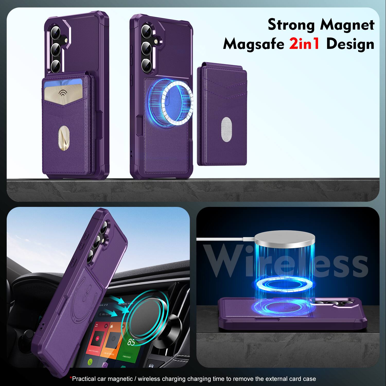 Strong Magnet Magsafe 2in1 Design Wireless

Practical car magnetic / wireless charging charging time to remove the external card case