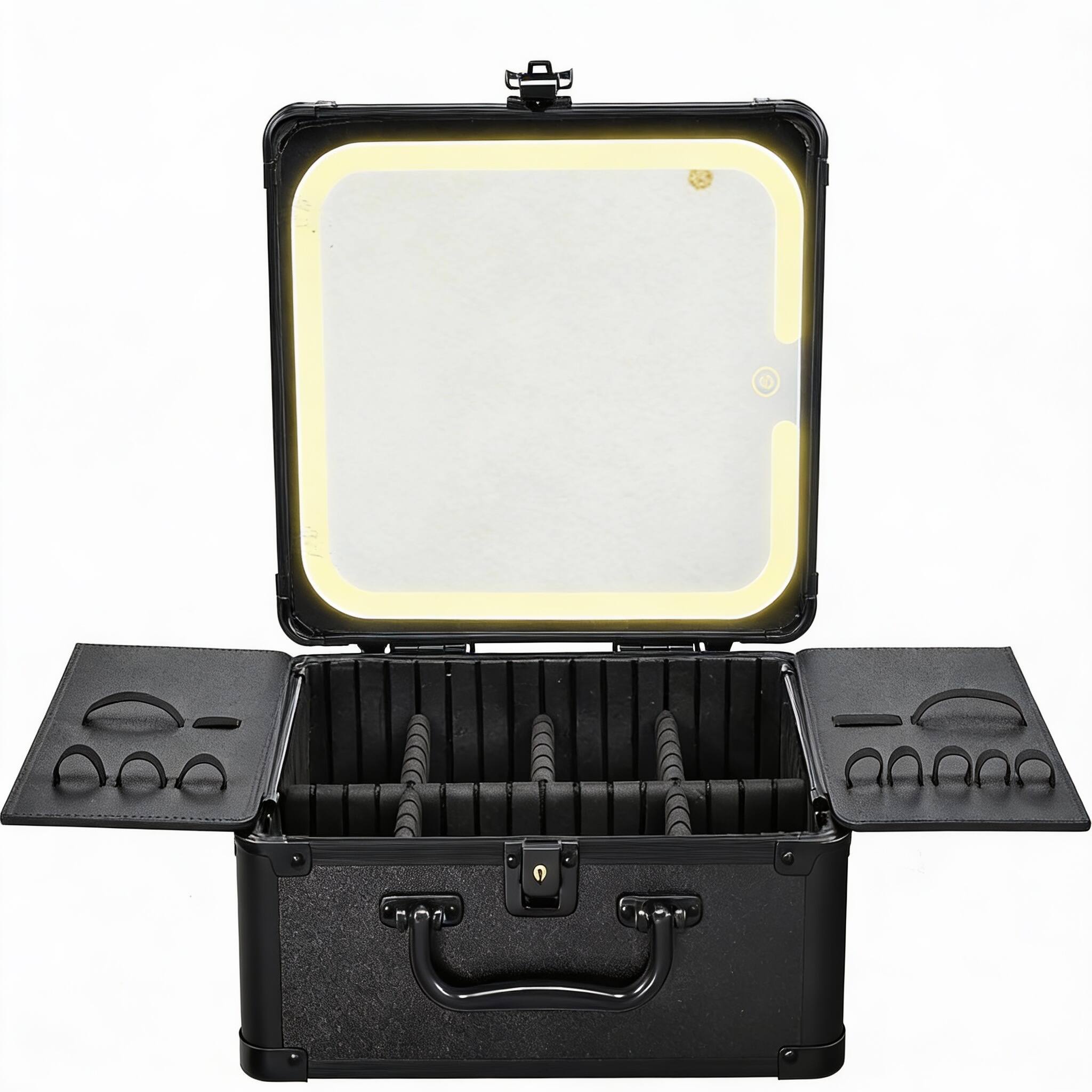 Back. METALTON - Makeup Box With Magnetic Lighted Up Mirror Organizer Travel Case Portable Vanity Colors Led Mirrormake Suit - Black Checkerboard.