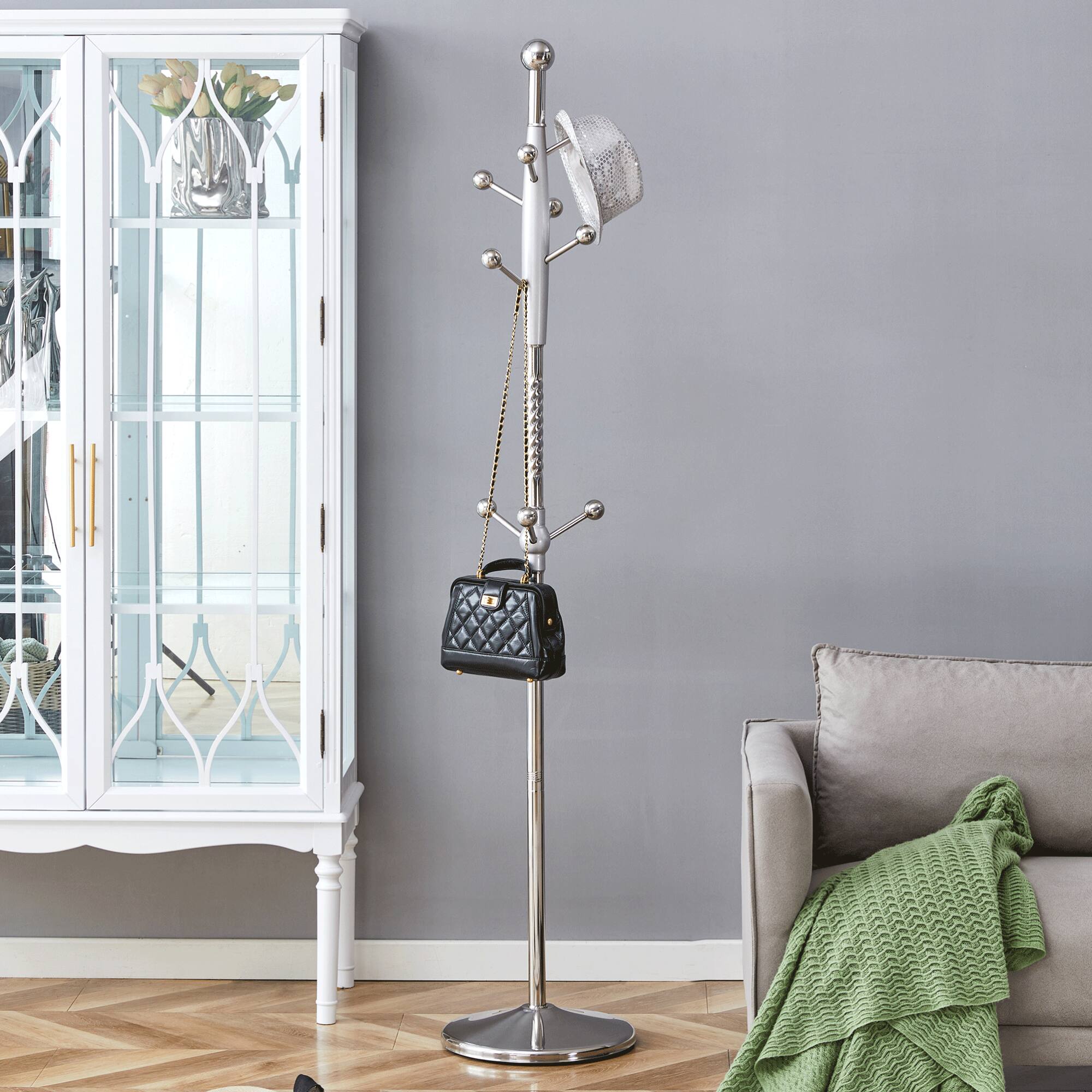 Front. GOODSILO - 72 Inch Tall Stainless Steel Free-Standing Coat Rack with Detachable Arms and Solid Wood Accents for Modern Entryway - Silver.
