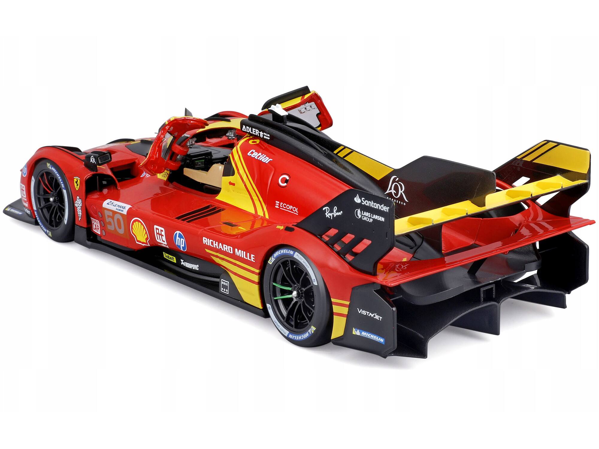 Sure, here is the corrected and grouped text from the image:

- **Scuderia Ferrari**
- **Shell**
- **50**
- **hp**
- **Richard Mille**
- **Michelin**
- **VistaJet**
- **Adler**
- **Cetilar**
- **ECOPOL**
- **Santander**
- **Lars Larsen Group**
- **Ray-Ban**
- **Pirelli**
- **Michelin**