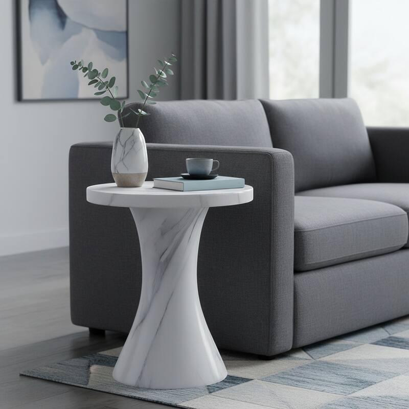 Left. LeisureMod - Isidra 19" Modern Side Table, Weather & UV Resistant Fiberstone Round Pedestal Accent Table - Marbled White.