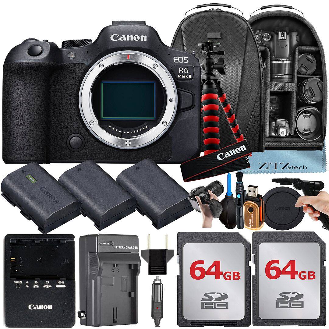 Canon - EOS R6 Mark II Mirrorless Camera with 2x 64GB Card + Tripod + ZeeTech Bundle (International Version) - Black