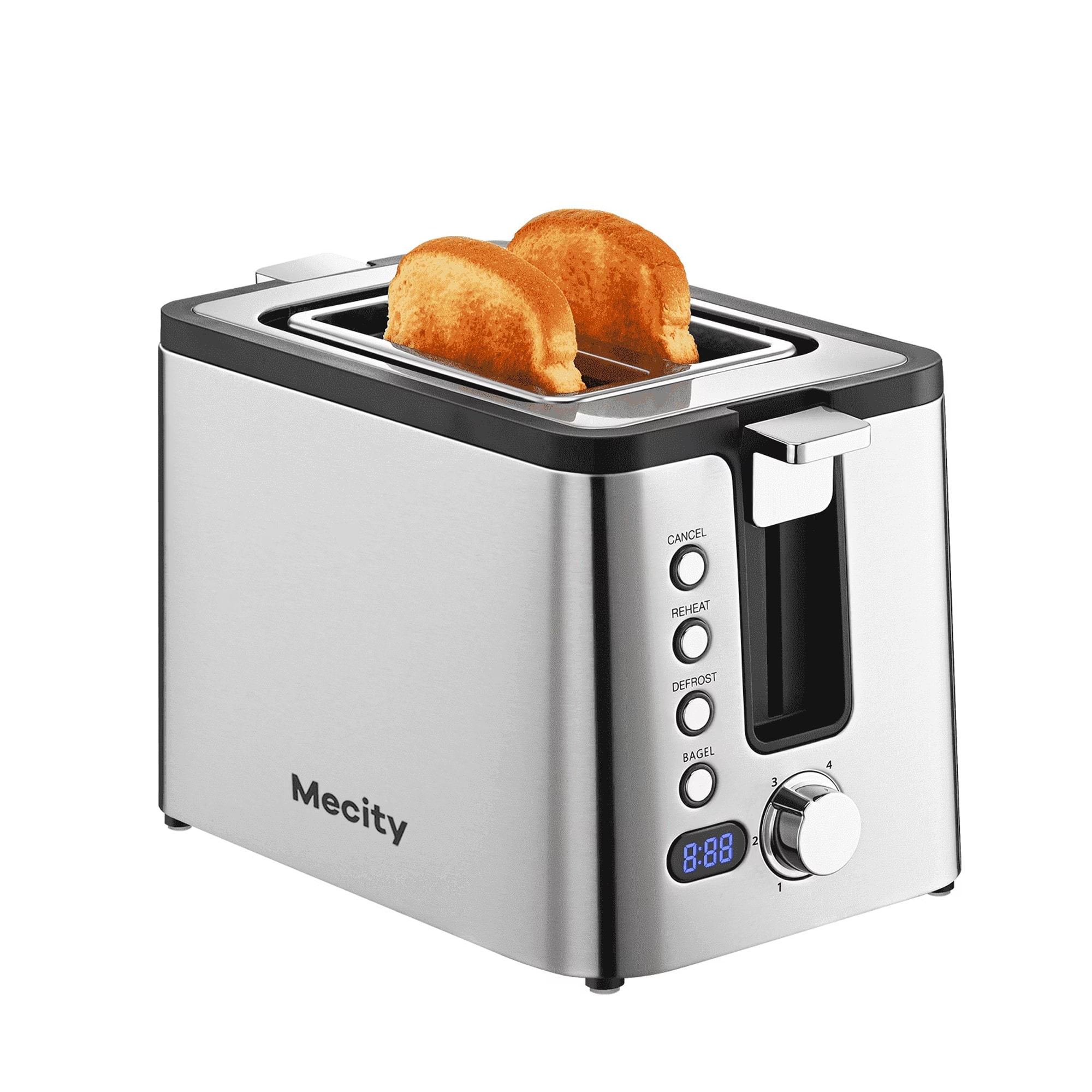 Mecity - 2-Slice Stainless Steel Toaster with 6 Browning Settings, Extra Wide Slots,Countdown Timer, Warming Rack, 800W - Silver