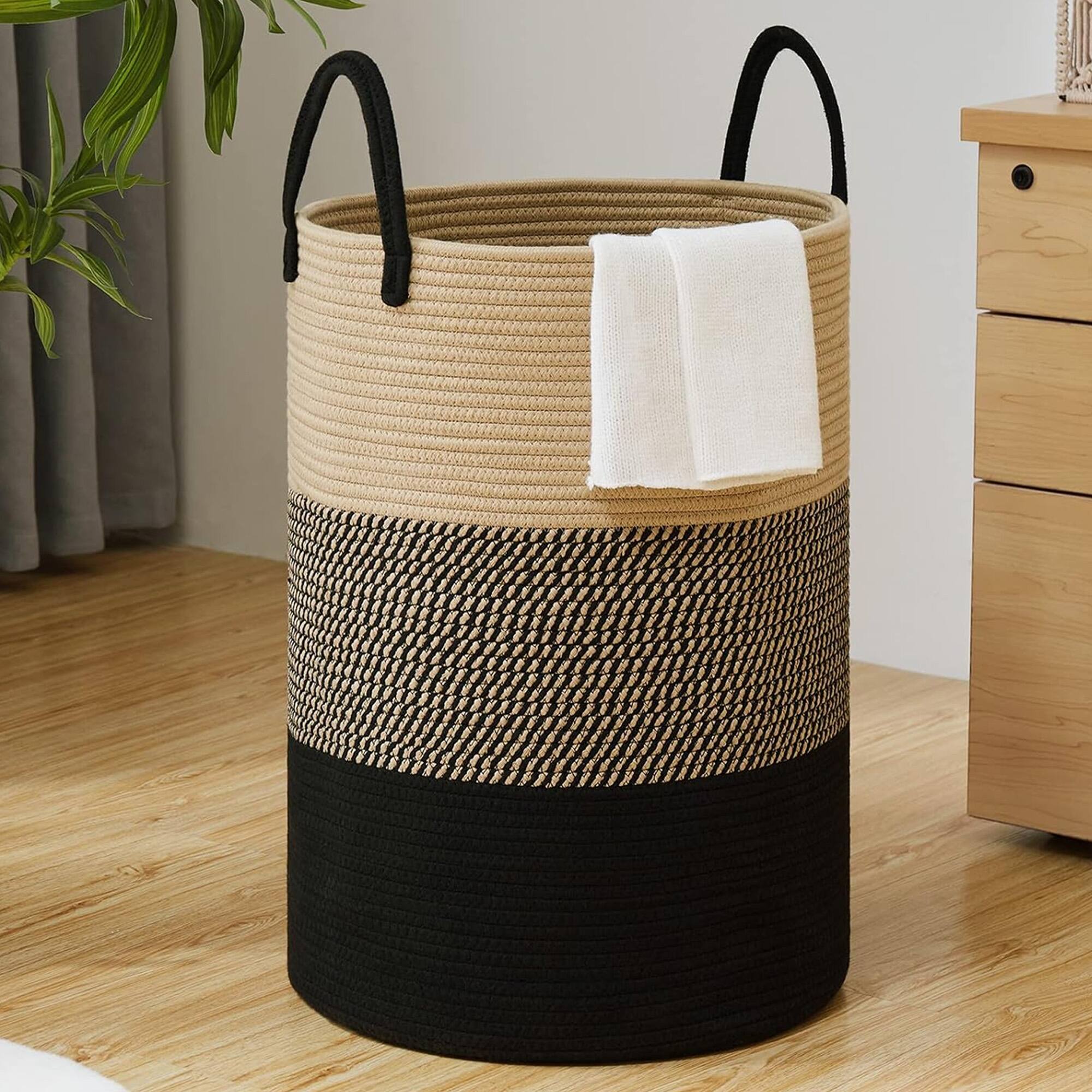 Alt View 2. Cheer Collection - Woven Cotton Rope Laundry Hamper – Large 16 x 16 x 22 in Storage Basket with Reinforced Handles - 3 Tone Black/Gray/Tan - Black Gray Tan.