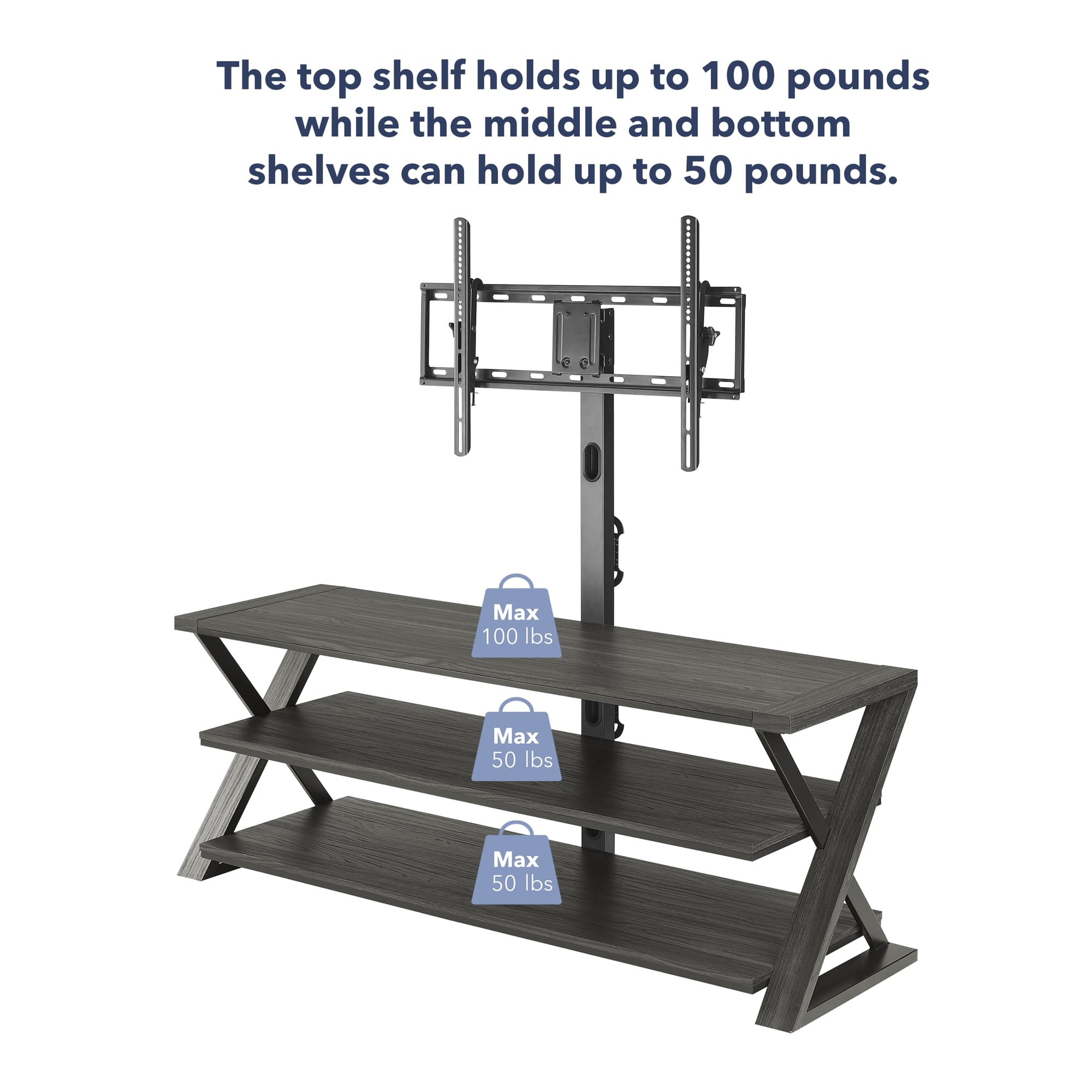 The top shelf holds up to 100 pounds, while the middle and bottom shelves can hold up to 50 pounds each.