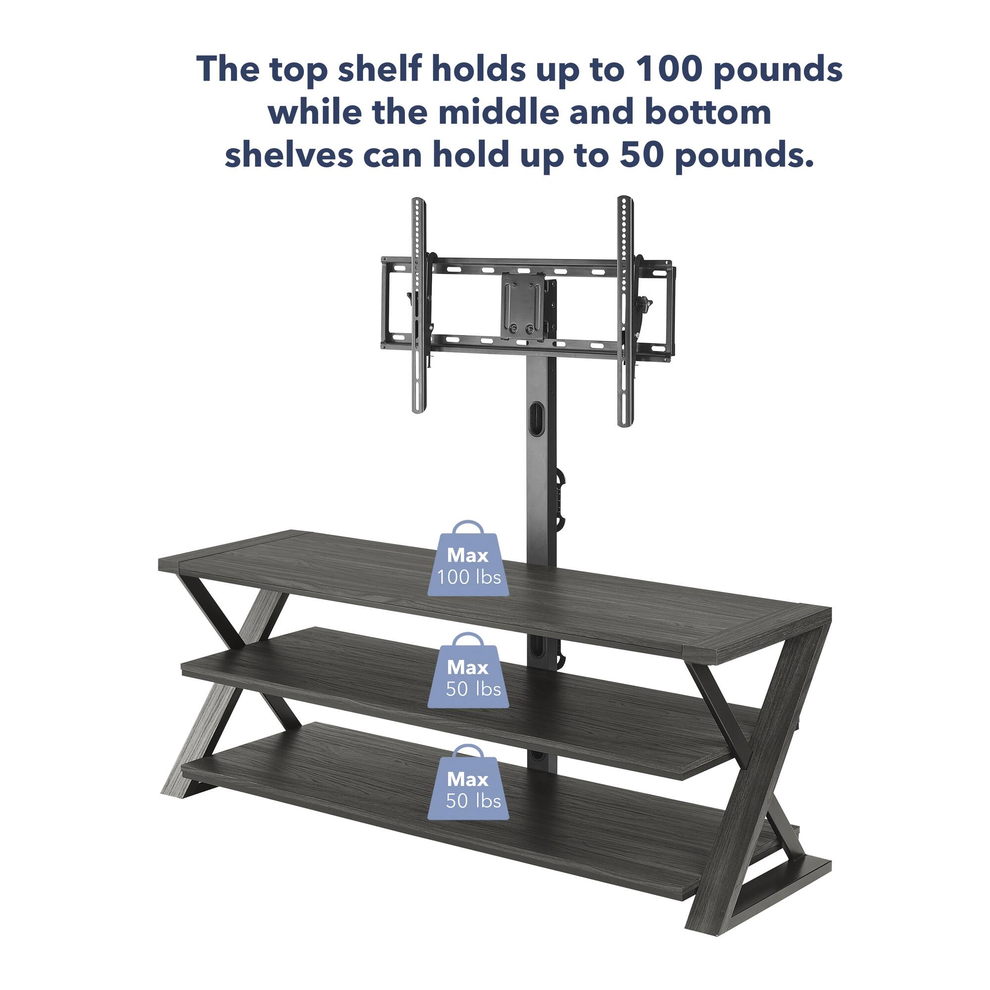 The top shelf holds up to 100 pounds, while the middle and bottom shelves can hold up to 50 pounds each.
