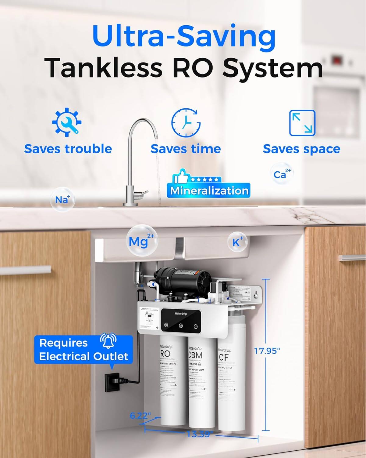 Ultra-Saving Tankless RO System

- Saves trouble
- Saves time
- Saves space
- Mineralization
- Requires Electrical Outlet

Na⁺ Ca²⁺ Mg²⁺ K⁺

Interdrop RO -a
Interdrop CBM
Interdrop CF

17.95" x 6.22" x 13.39"