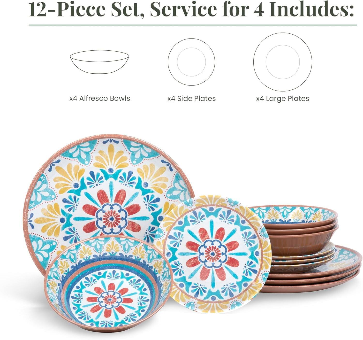 12-Piece Set, Service for 4 Includes:  
x4 Alfresco Bowls  
x4 Side Plates  
x4 Large Plates