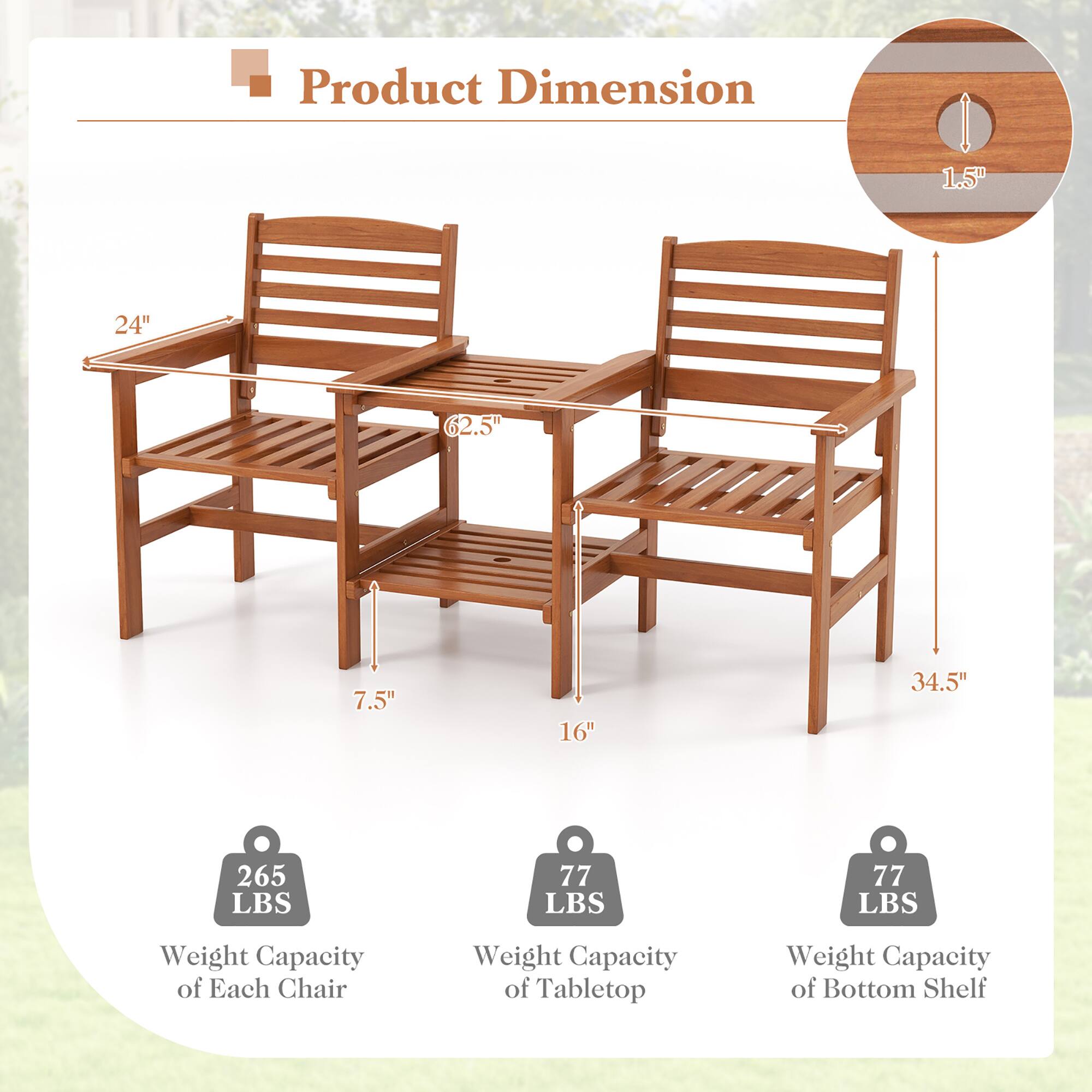 Product Dimension: 1.5", 24", 2.5", 7.5", 16", 34.5"

Weight Capacity: 265 LBS (Weight Capacity of Each Chair), 77 LBS (Weight Capacity of Tabletop), 77 LBS (Weight Capacity of Bottom Shelf)
