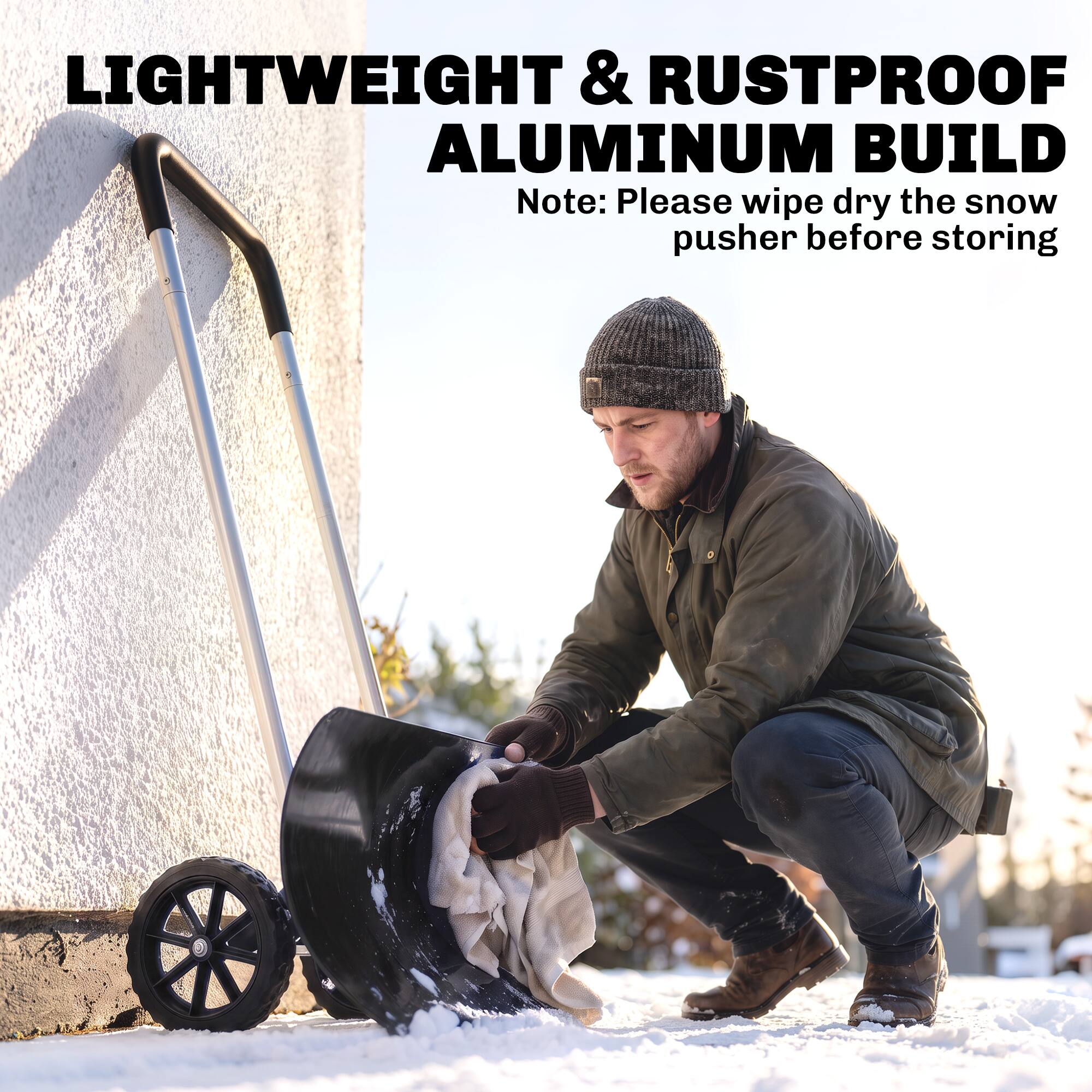 LIGHTWEIGHT & RUSTPROOF ALUMINUM BUILD  
Note: Please wipe dry the snow pusher before storing