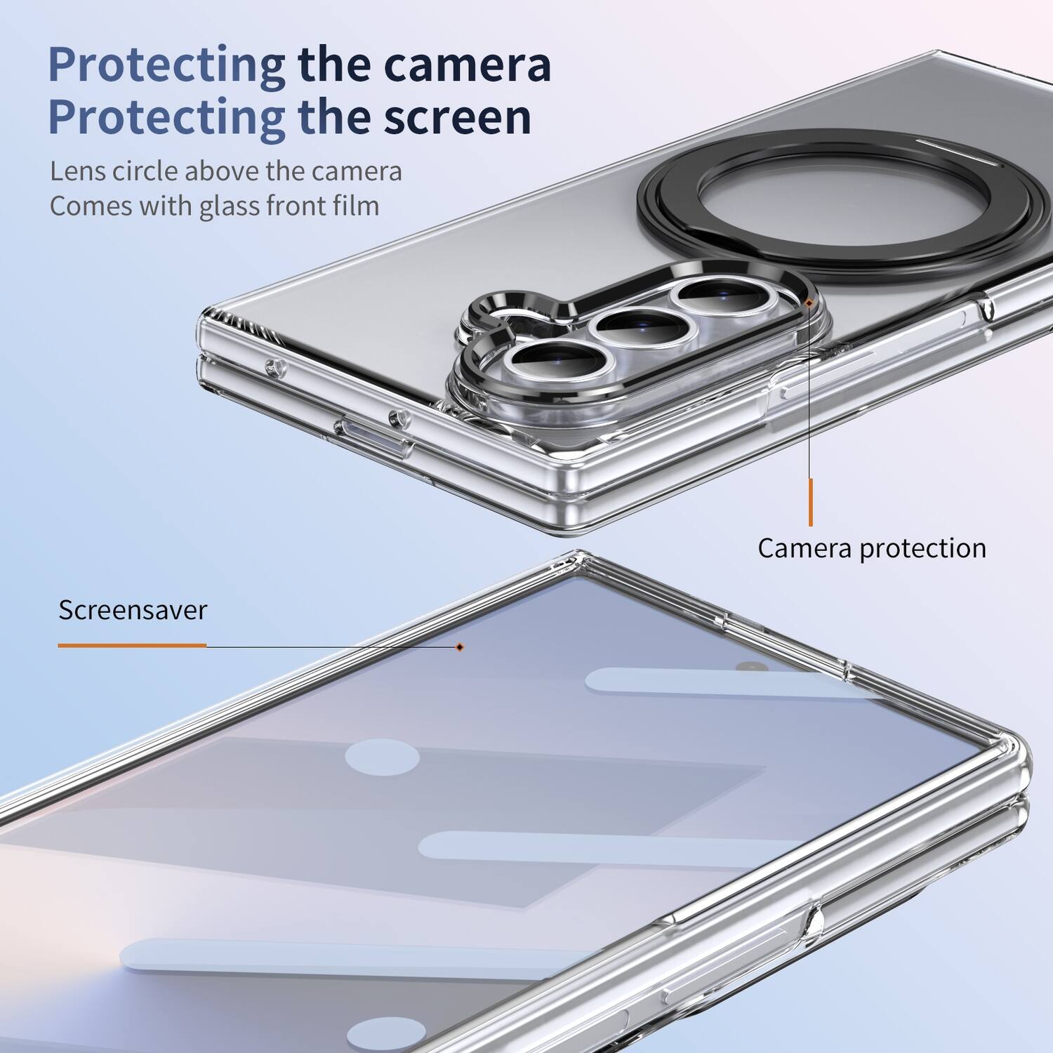 Protecting the camera  
Protecting the screen  
Lens circle above the camera  
Comes with glass front film  

Screensaver  

Camera protection