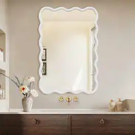 Z-Edge - Wavy Wood Bathroom Vanity Mirror, 24"x36" Boho Decorative Wall Mirror with Solid Wood Frame for Living Room, Bedroom - White