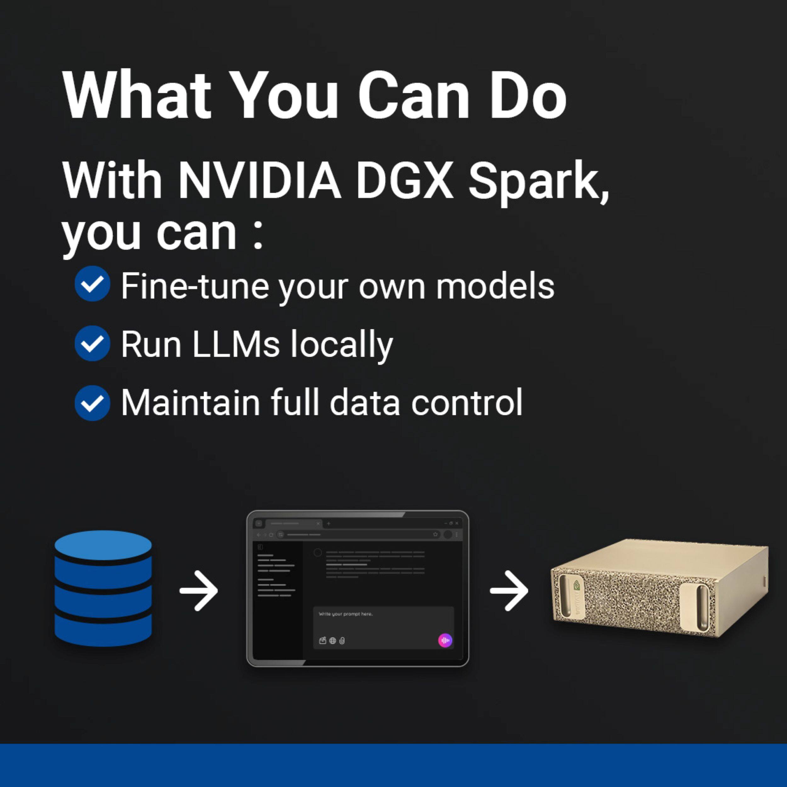 What You Can Do With NVIDIA DGX Spark, you can :  
- Fine-tune your own models  
- Run LLMs locally  
- Maintain full data control