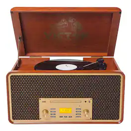 Victor - Monument 8-in-1 Turntable with Record Player, CD/MP3/Cassette, AM/FM, Bluetooth, USB, Stereo Speakers - Mahogany