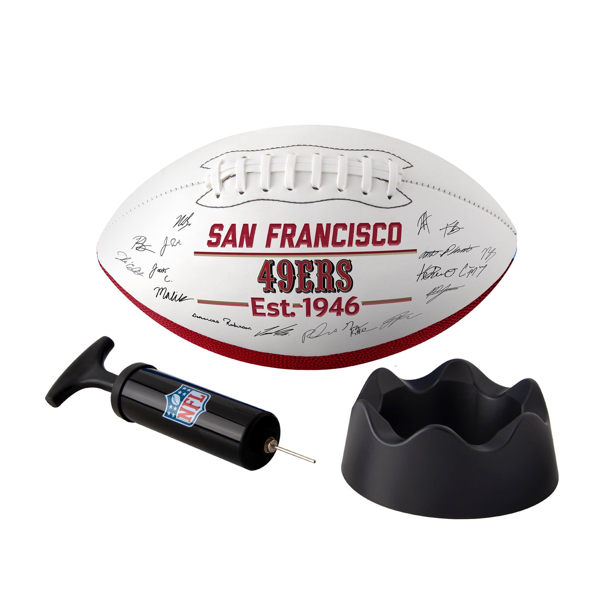 Sure, here is the corrected and grouped text from the image:

**On the Football:**
- SAN FRANCISCO 49ERS
- Est. 1946
- NFL

**Signatures:**
- [Signature 1]
- [Signature 2]
- [Signature 3]
- [Signature 4]
- [Signature 5]
- [Signature 6]

**On the Pump:**
- NFL

**On the Stand:**
- (No text visible)