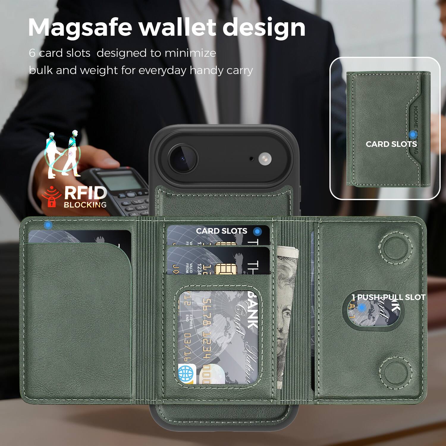 Magsafe wallet design

6 card slots designed to minimize bulk and weight for everyday handy carry

RFID BLOCKING

CARD SLOTS

1 PUSH-PULL SLOT