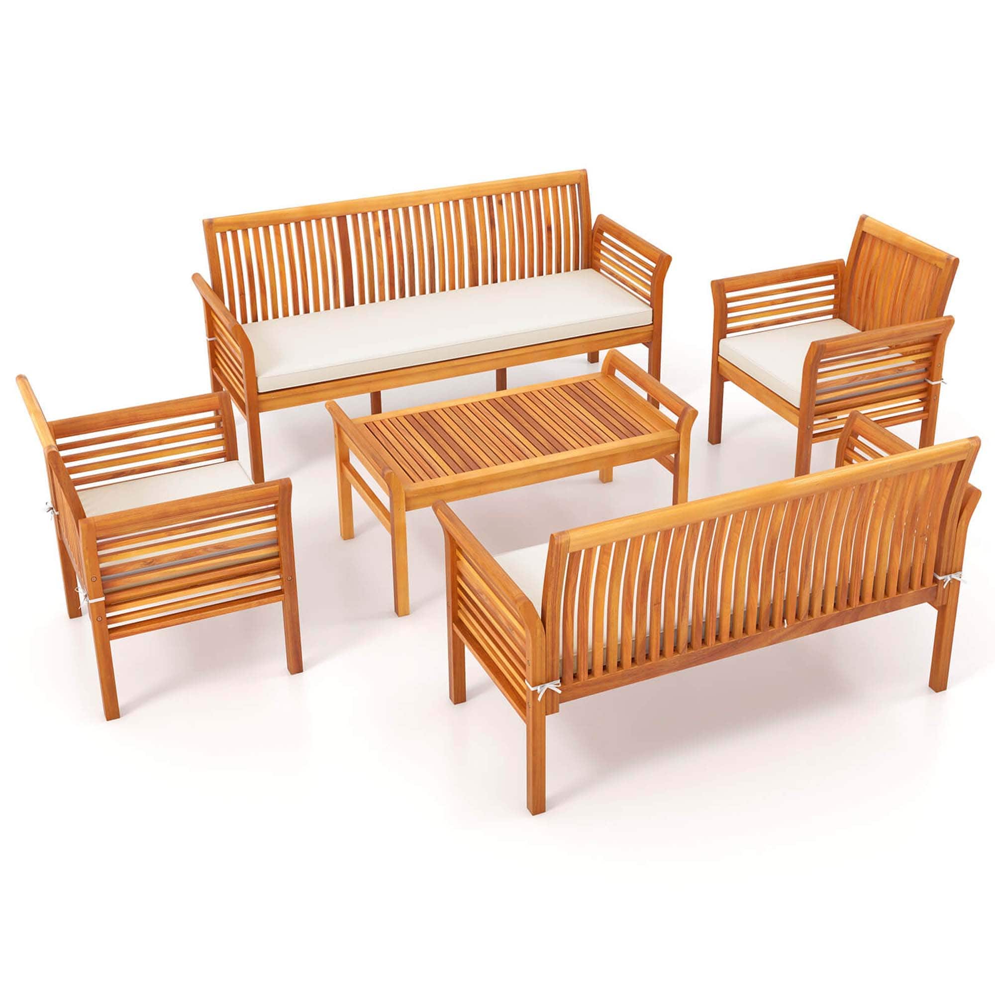 Front. Costway - 5 PCS Patio Furniture Set with Acacia Wood Frame & Removable Seat Cushions - Off White,Natural.