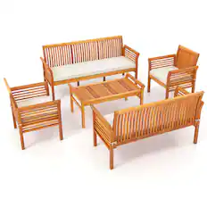 Front. Costway - 5 PCS Patio Furniture Set with Acacia Wood Frame & Removable Seat Cushions - Off White,Natural.