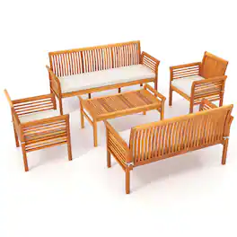 Costway - 5 PCS Patio Furniture Set with Acacia Wood Frame & Removable Seat Cushions - Off White,Natural