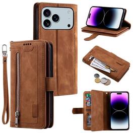 UUCOVER - Magnetic Flip Wallet Case for Apple iPhone 17 Pro Max with Card Cash Slots, Zipper Pocket and Wrist Strap, Stand Cover - Brown