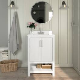 Vesta Bathroom Vanity, Single Sink Cabinet with 2 Soft Close Doors and Open Shelf, Carrara Marble Finish Countertop