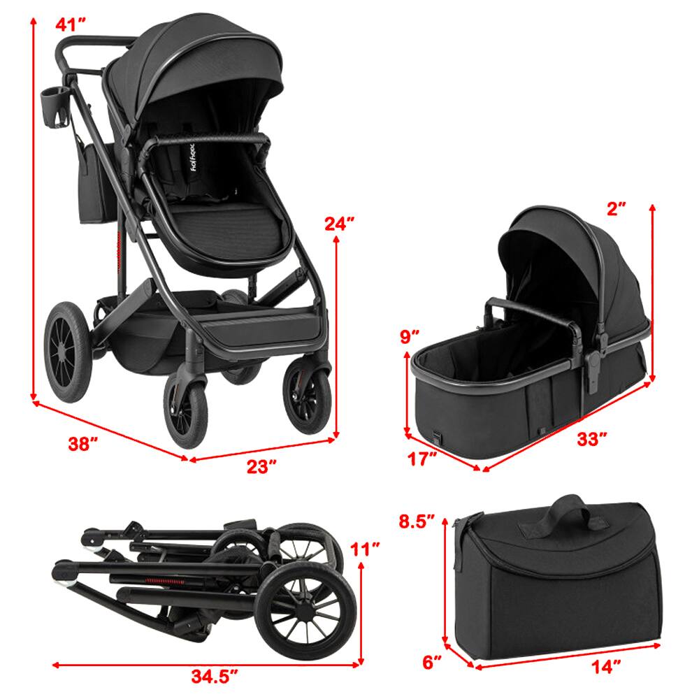 Sure, here is the corrected and grouped text from the image:

- **Dimensions of the Stroller:**
  - Height: 41"
  - Width: 38"
  - Depth: 24"
  - Seat Height: 23"
  - Seat Width: 24"
  - Seat Depth: 9"
  - Handle Height: 41"
  - Folded Length: 34.5"
  - Folded Width: 11"
  - Folded Depth: 8.5"
  - Wheel Diameter: 6"

- **Dimensions of the Car Seat:**
  - Height: 2"
  - Width: 33"
  - Depth: 17"

- **Dimensions of the Diaper Bag:**
  - Height: 14"
  - Width: 8.5"
  - Depth: 6"