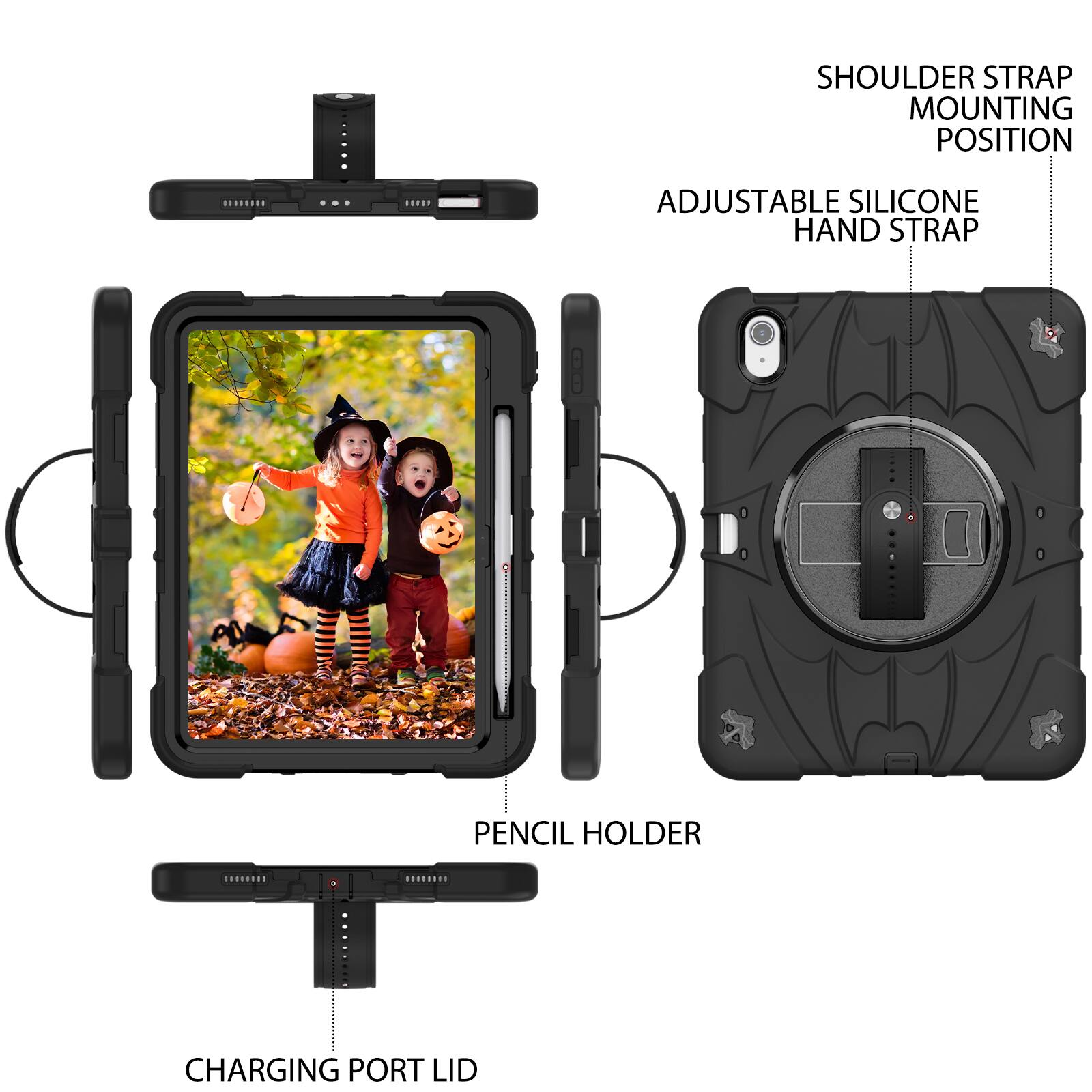 SHOULDER STRAP MOUNTING POSITION  
ADJUSTABLE SILICONE HAND STRAP  
PENCIL HOLDER  
CHARGING PORT LID